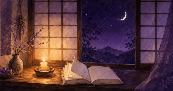 ろうそくと本が置かれた夜の気分別占いの挿絵